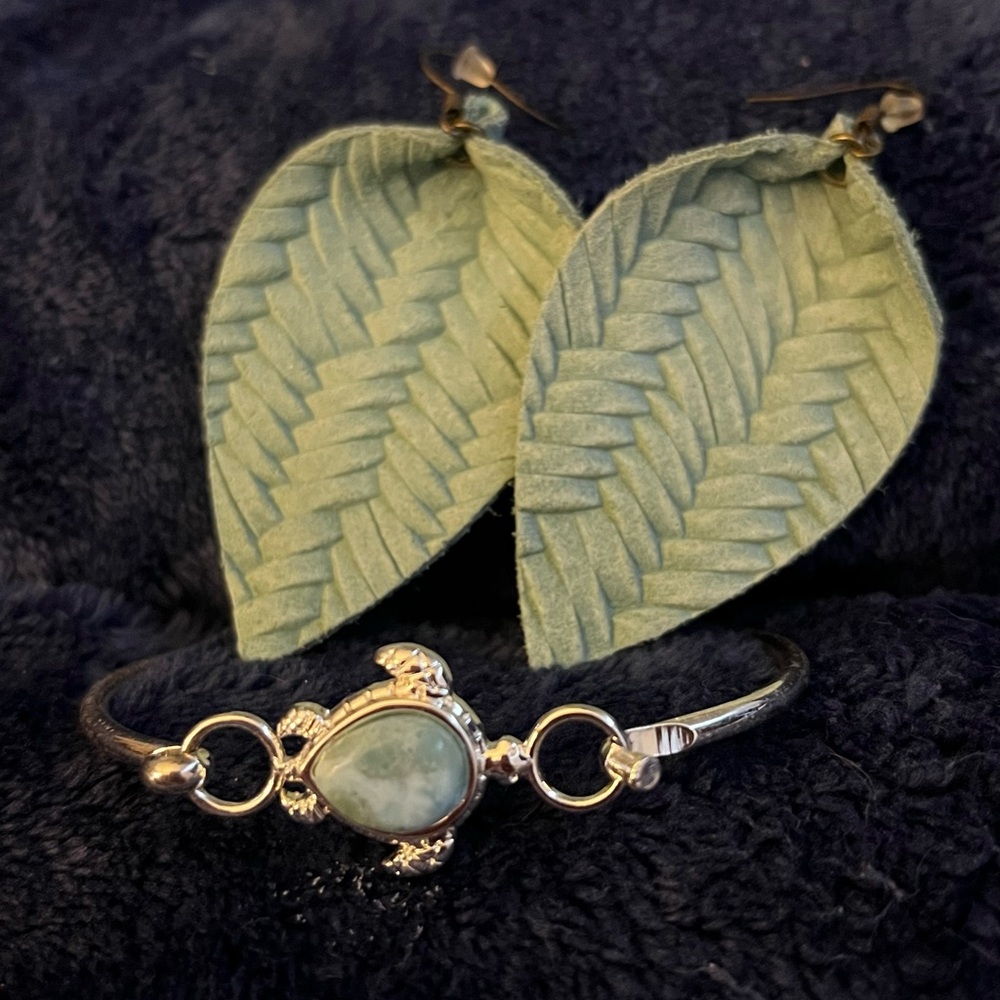 Aquamarine Stone Turtle Sterling Silver Bangle Bracelet Leaf Earrings Bundle Lot